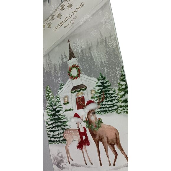 CHARMING HOME: Christmas Table Runner - Deer in Woods with Church, Size 13"X 72" - Picture 3 of 4